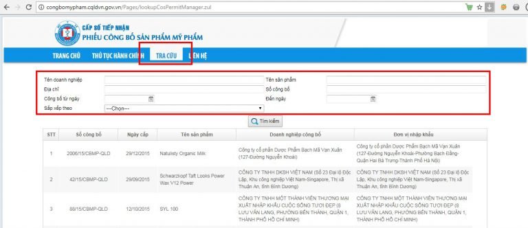 Tra cứu công bố qua website của cục quản lý dược VN